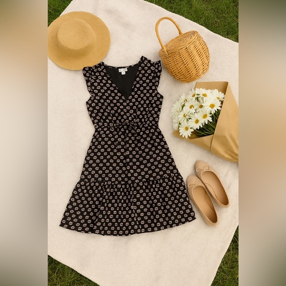 J.Crew Black Floral Mini Dress Ruffle V-Neck Tiered Sz 8 Cottagecore Boho Fairy - Picture 3 of 16